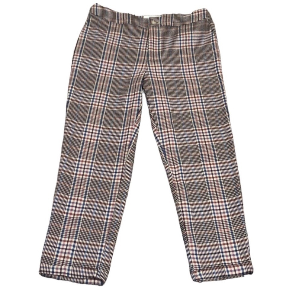 Anthropologie Malcom Plaid Tapered Trousers Size 8 Ecru Beige